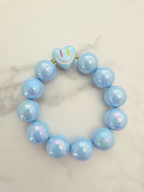 Jewelry - Chunky Iridescent Blue Bead Stretch Bracelet Heart Smiley Face Charm Y2K Pastel